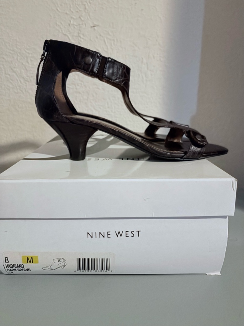 Nine West Dark Brown T-Strap Kitten Heel Sandals